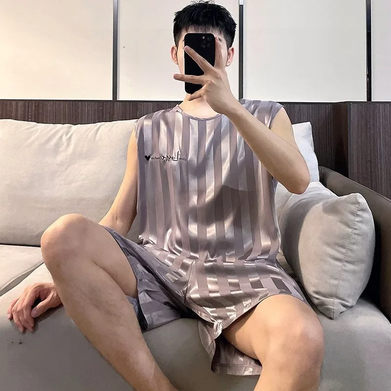 Plus Size Men Ice Silk Pajamas Homewear Tops and Pants Youth Sleepwear Loungewear Two Piece Set Fashion Striped Casual