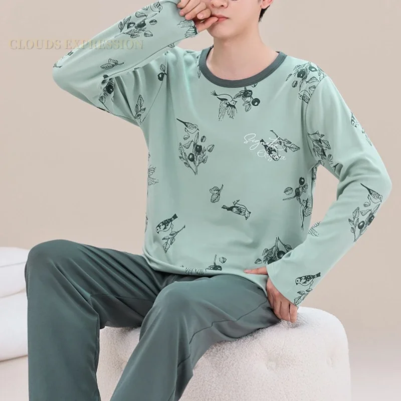 Spring Autumn Plus 5XL Knitted Men's Sleepwear Letter Lattice Pajamas Plaid Pajamas Sets Casual Loungewear Pyjamas Night Fas