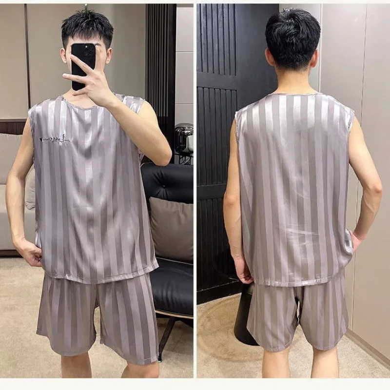 Plus Size Men Ice Silk Pajamas Homewear Tops and Pants Youth Sleepwear Loungewear Two Piece Set Fashion Striped Casual