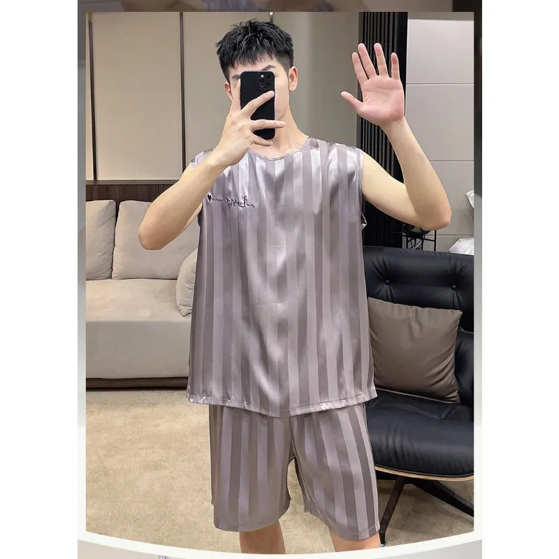 Plus Size Men Ice Silk Pajamas Homewear Tops and Pants Youth Sleepwear Loungewear Two Piece Set Fashion Striped Casual