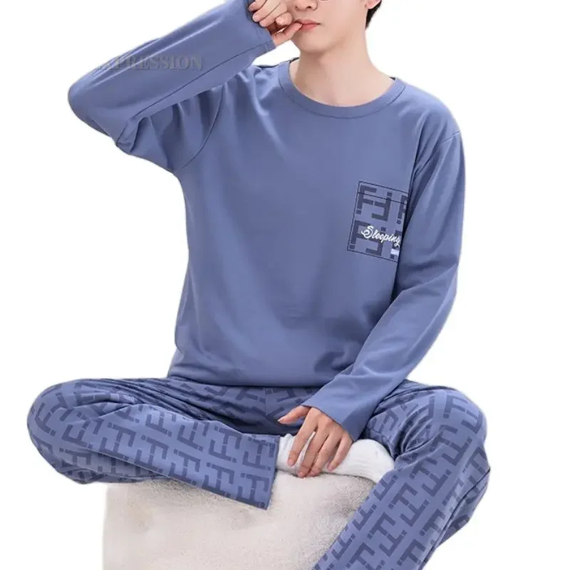 Spring Autumn Plus 5XL Knitted Men's Sleepwear Letter Lattice Pajamas Plaid Pajamas Sets Casual Loungewear Pyjamas Night Fas