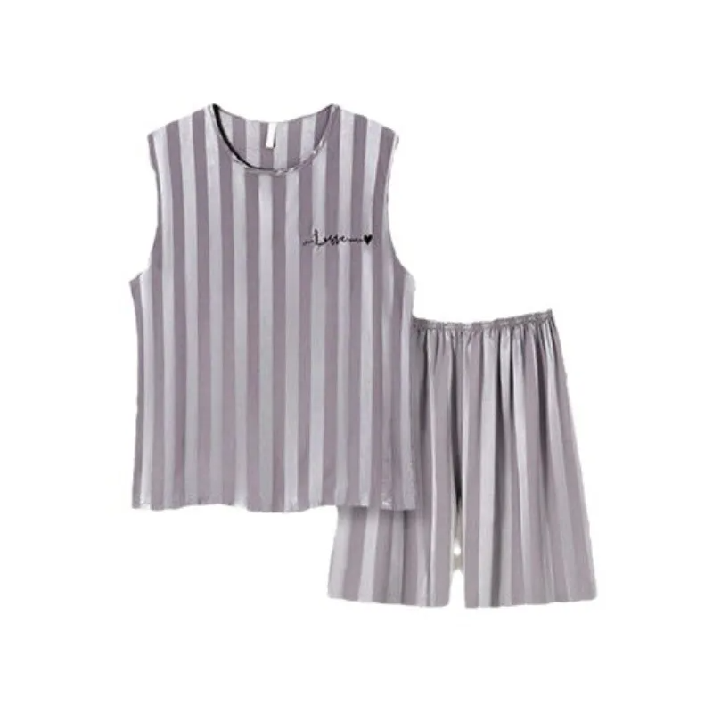 Plus Size Men Ice Silk Pajamas Homewear Tops and Pants Youth Sleepwear Loungewear Two Piece Set Fashion Striped Casual