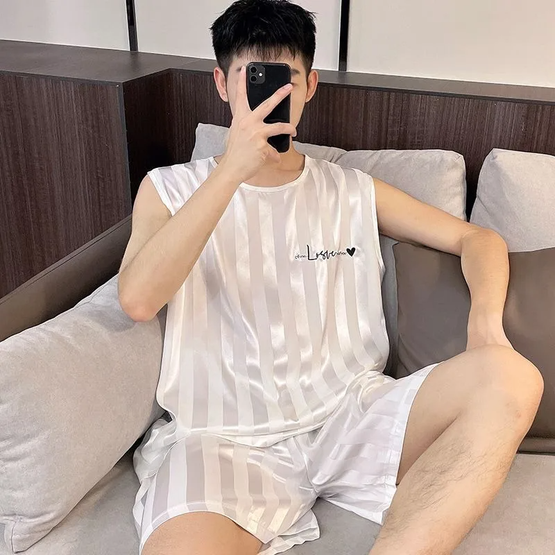 Plus Size Men Ice Silk Pajamas Homewear Tops and Pants Youth Sleepwear Loungewear Two Piece Set Fashion Striped Casual