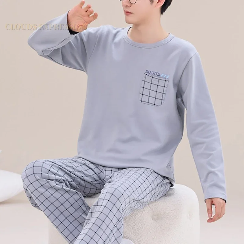 Spring Autumn Plus 5XL Knitted Men's Sleepwear Letter Lattice Pajamas Plaid Pajamas Sets Casual Loungewear Pyjamas Night Fas