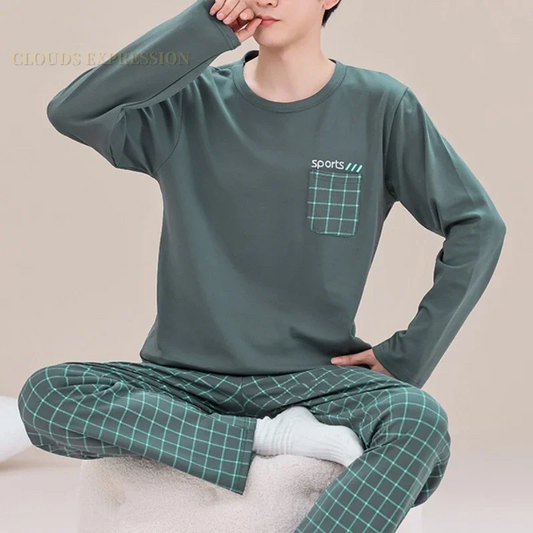 Spring Autumn Plus 5XL Knitted Men's Sleepwear Letter Lattice Pajamas Plaid Pajamas Sets Casual Loungewear Pyjamas Night Fas