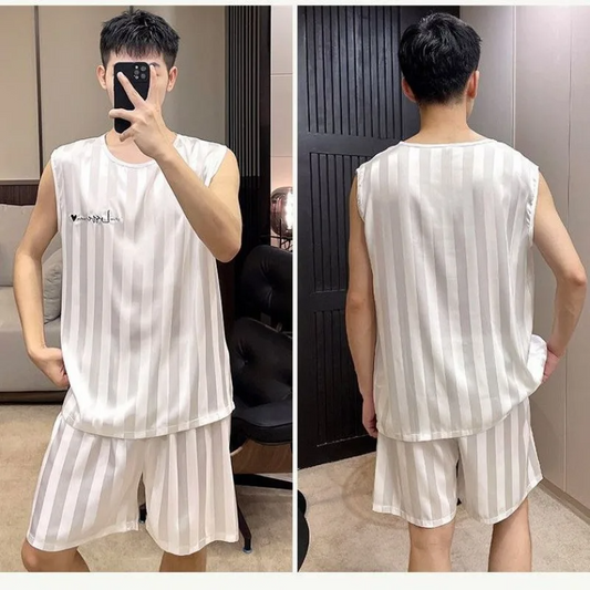 Plus Size Men Ice Silk Pajamas Homewear Tops and Pants Youth Sleepwear Loungewear Two Piece Set Fashion Striped Casual